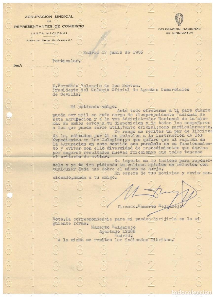 Otros art&iacute;culos de coleccionismo en papel: MAMERTO MELGAREJO MADRID 1956 CARTA M35