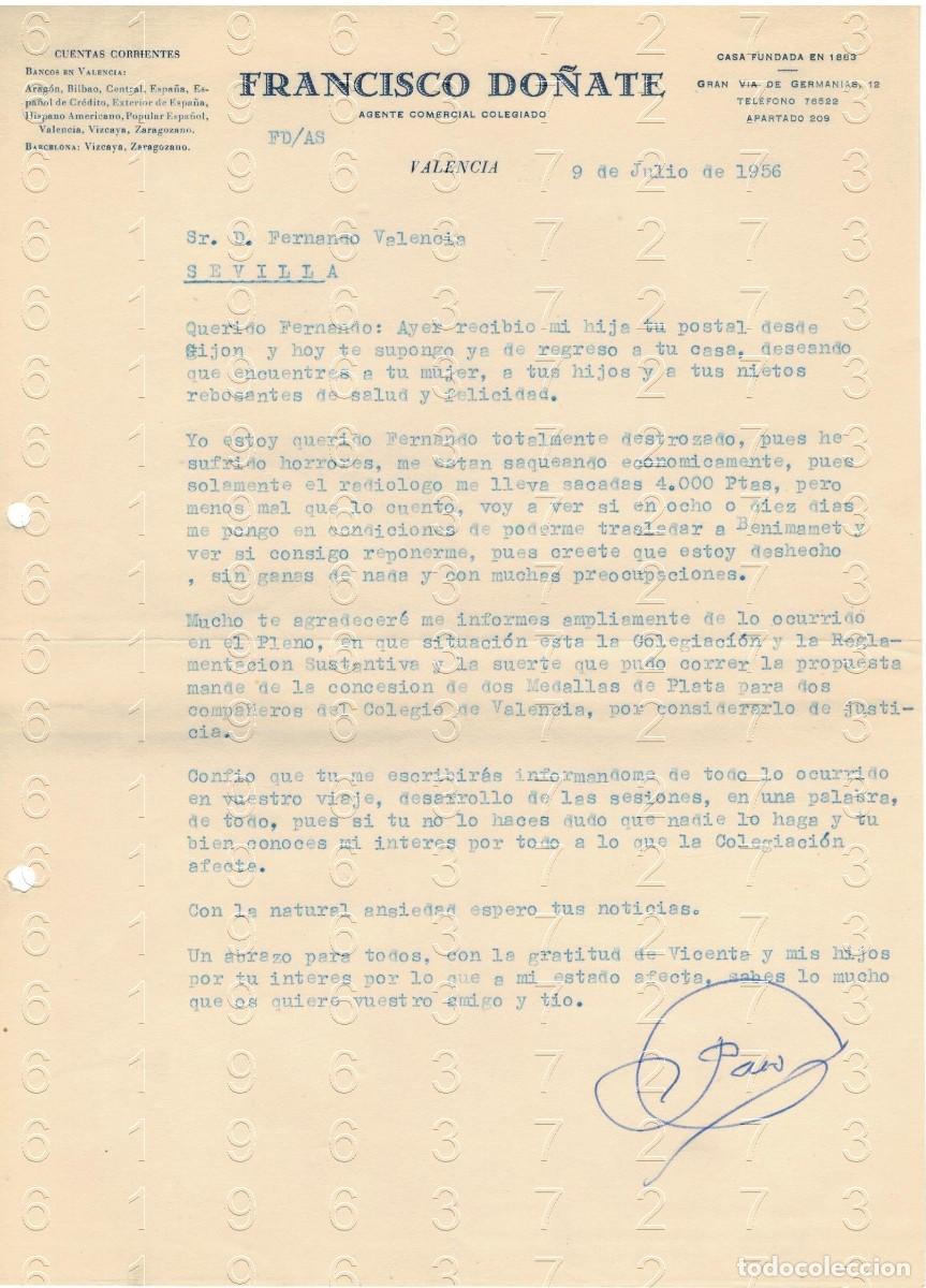 Otros art&iacute;culos de coleccionismo en papel: VALENCIA FRANCISCO DO&Ntilde;ATE 1956 CARTA M35