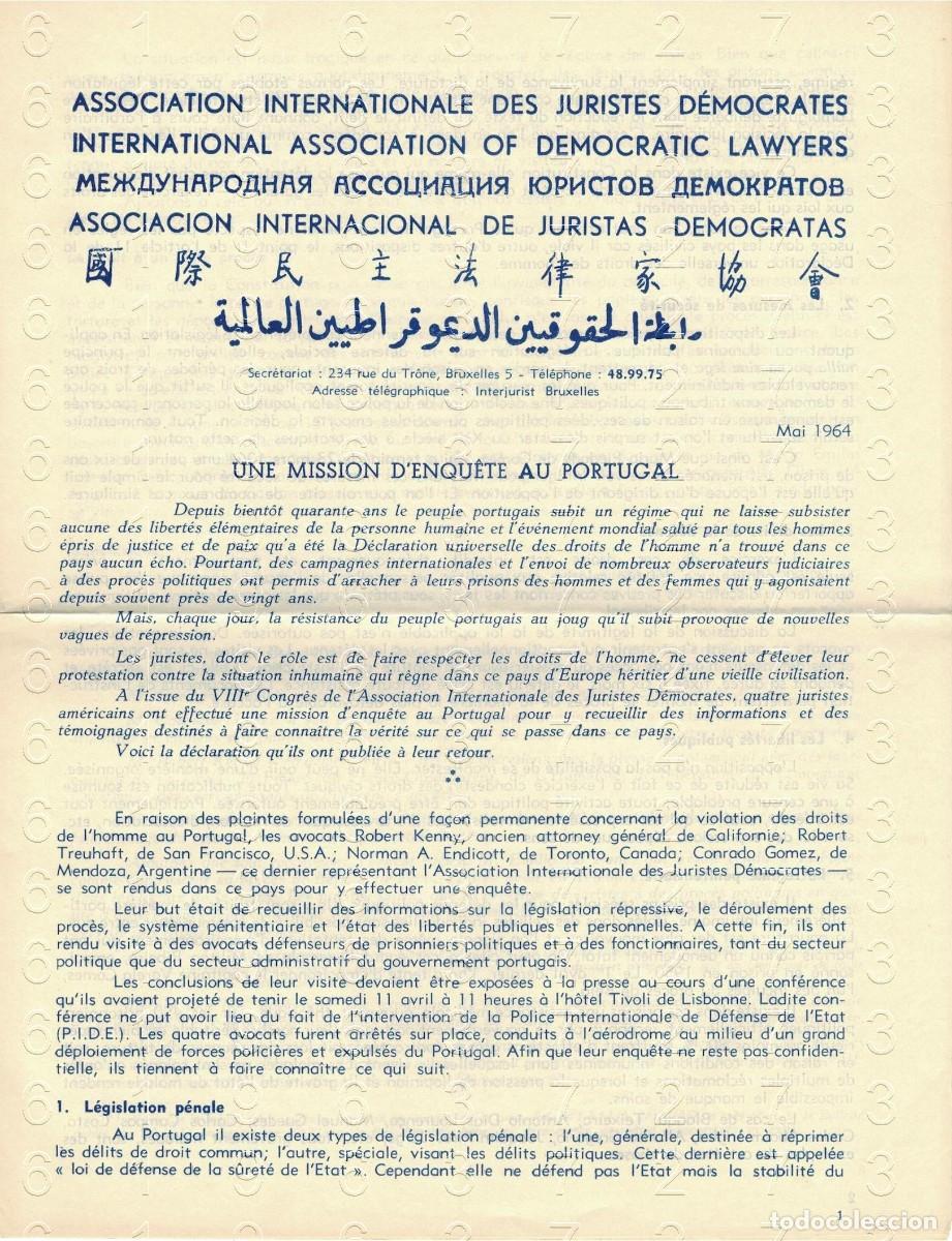 Otros art&iacute;culos de coleccionismo en papel: ASOCIACION INTERNACIONAL DE JURISTAS DEMOCRATAS 1964 UNE MISSION D'ENQUETE AU PORTUGAL M35