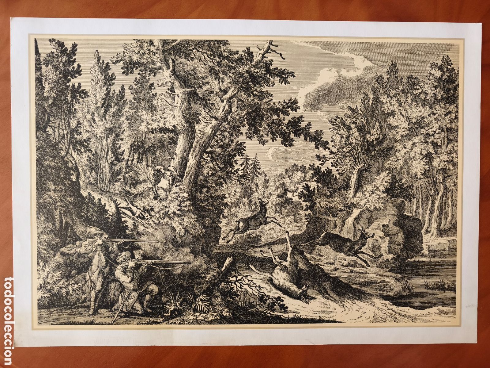 Otros art&iacute;culos de coleccionismo en papel: L&aacute;mina / Grabado Cl&aacute;sico de Escena de Caza Hist&oacute;rica (Blanco y Negro)