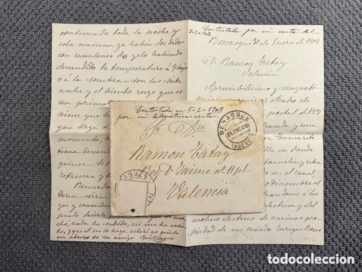 Otros art&iacute;culos de coleccionismo en papel: BENASQUE - VALENCIA.. Carta escrita a un buen amigo M&eacute;dico D. Ram&oacute;n Tatay.. Valenciano (a.1908)