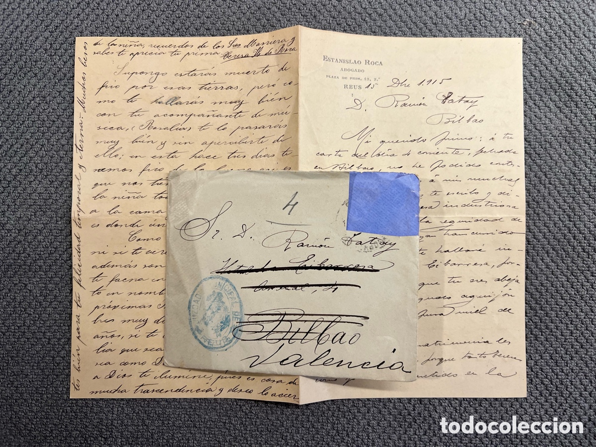 Outros artigos de papel: ESTANISLAO ROCA, abogado de Reus.. a su primo Ram&oacute;n Tatay.. M&eacute;dico valenciano (a.1915) Carta y sobre