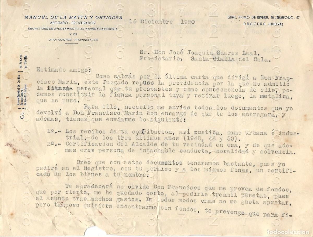 Otros art&iacute;culos de coleccionismo en papel: ARACENA HUELVA MANUEL DE LA MATTA 1950 CARTA M36