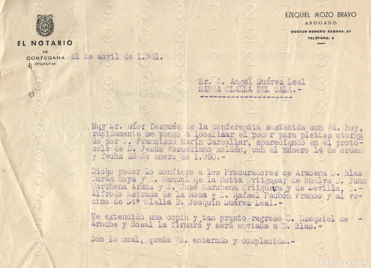 Otros art&iacute;culos de coleccionismo en papel: CORTEGANA HUELVA SANTA OLALLA DEL CALA EZEQUIEL MOZO BRAVO 1961 CARTA M36