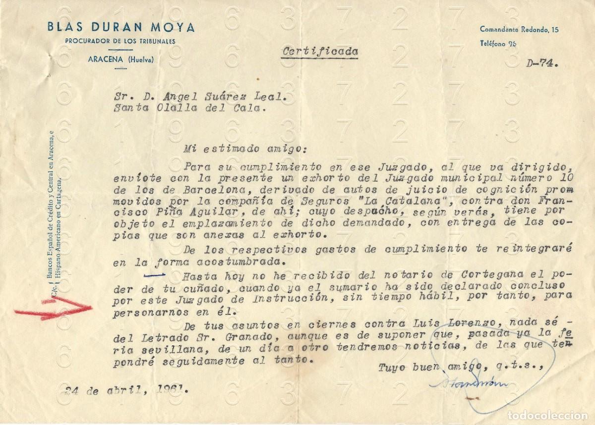 Otros art&iacute;culos de coleccionismo en papel: ARACENA HUELVA BLAS DURAN MOYA 1961 CARTA M36