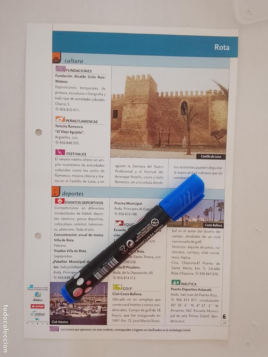 Otros art&iacute;culos de coleccionismo en papel: ficha tecnica coleccionable sobre cadiz . villa de rota