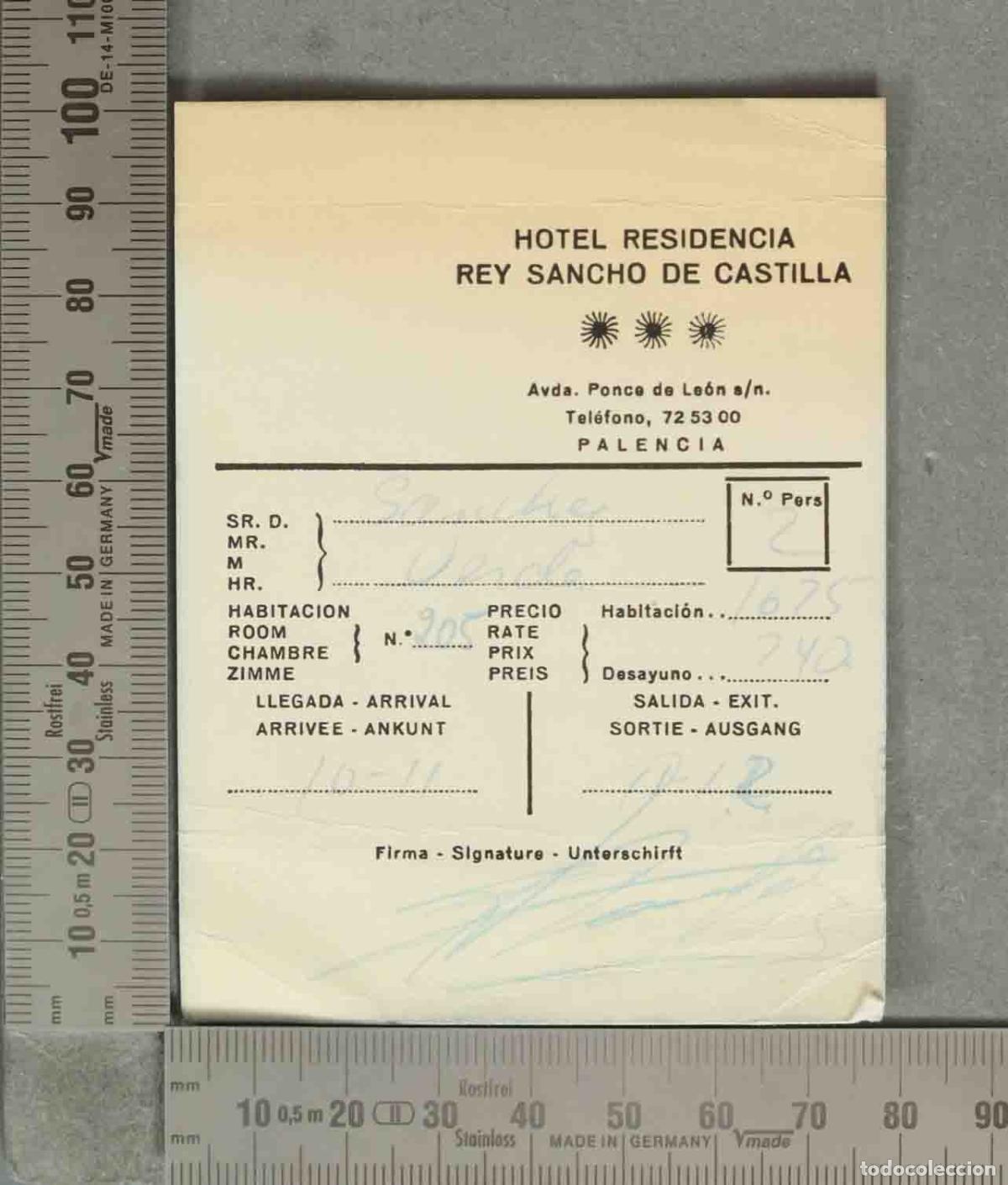 Otros art&iacute;culos de coleccionismo en papel: Hotel Residencia Rey Sancho de Castilla - Palencia - Tarjeta de registro