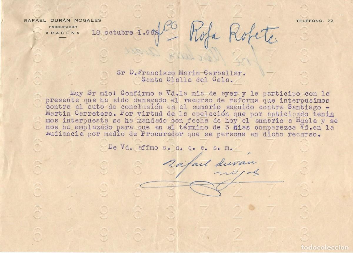 Otros art&iacute;culos de coleccionismo en papel: ARACENA RAFAEL DURAN NOGALES SANTA OLALLA DEL CALA CARTA 1962 M36