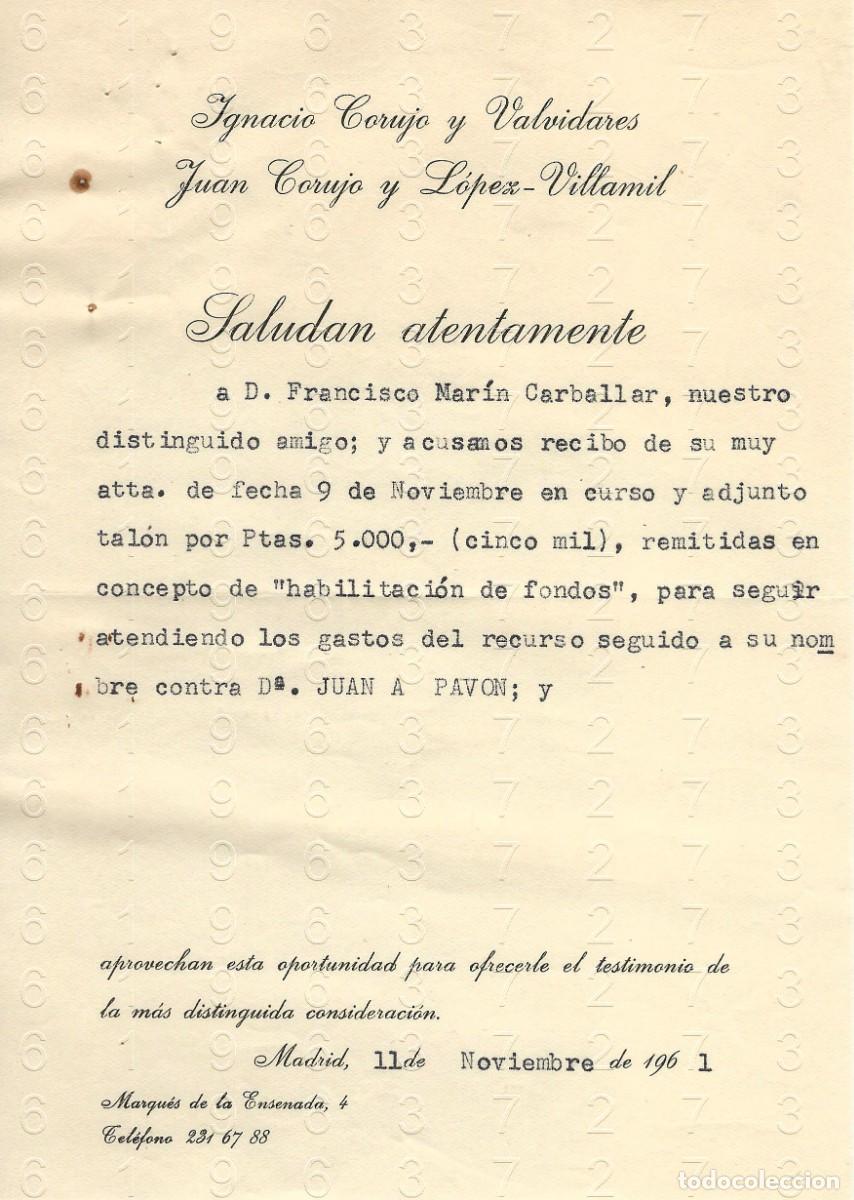 Otros art&iacute;culos de coleccionismo en papel: IGNACIO JUA CORUJO Y VALVIDARES LOPEZ VILLAMIL CARTA 1961 M36
