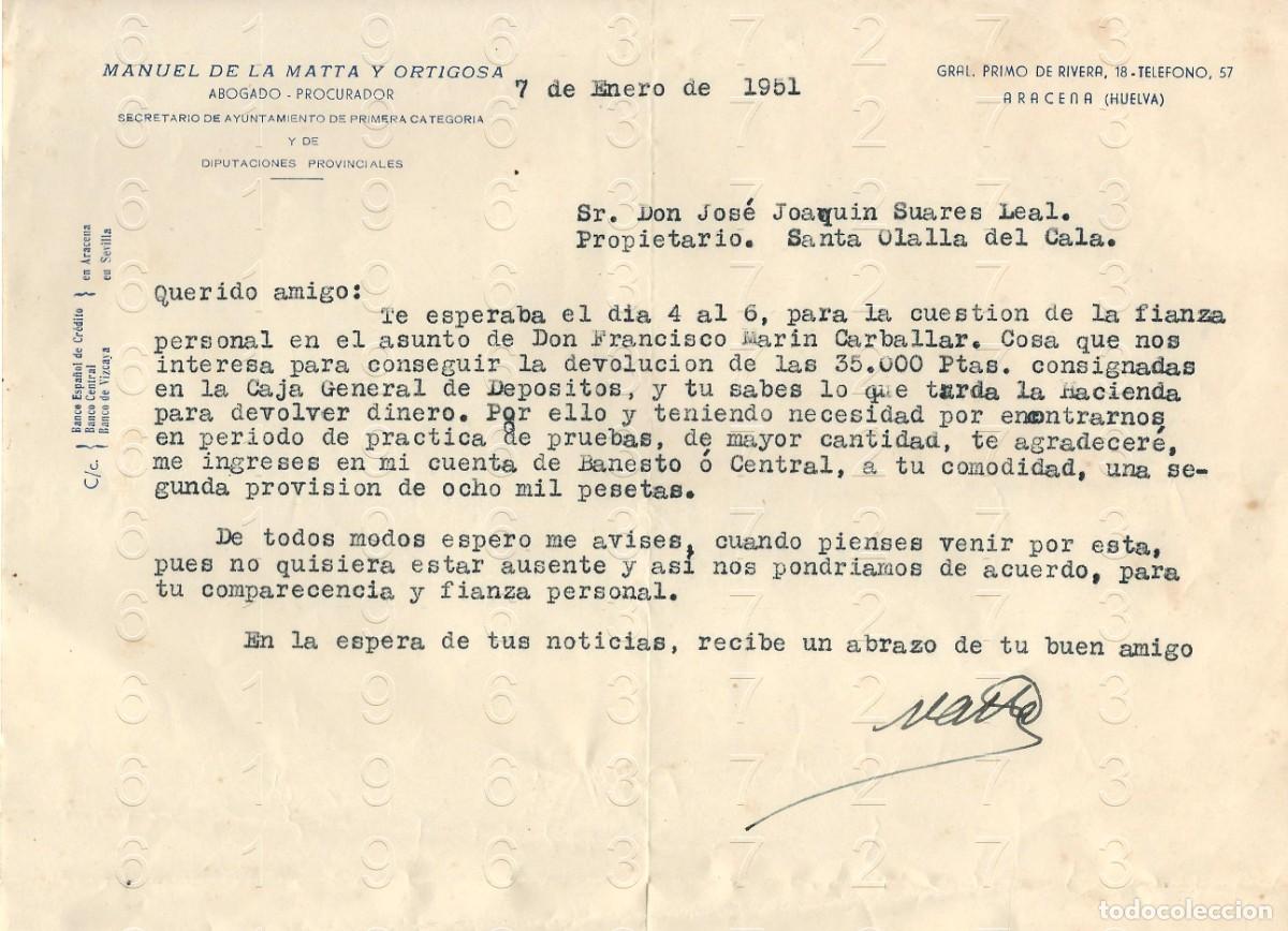 Otros art&iacute;culos de coleccionismo en papel: ARACENA HUELVA MANUEL DE LA MATTA Y ORTIGOSA CARTA 1961 M36