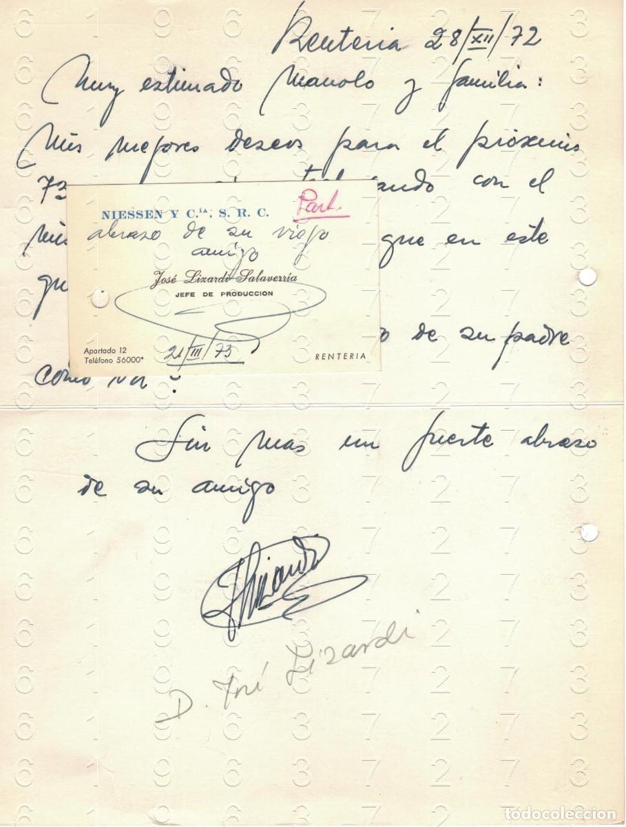 Otros art&iacute;culos de coleccionismo en papel: RENTERIA NIESSEN JOSE LIZARDI FELICITACION Y TARJETA DE VISITA 1972 M37