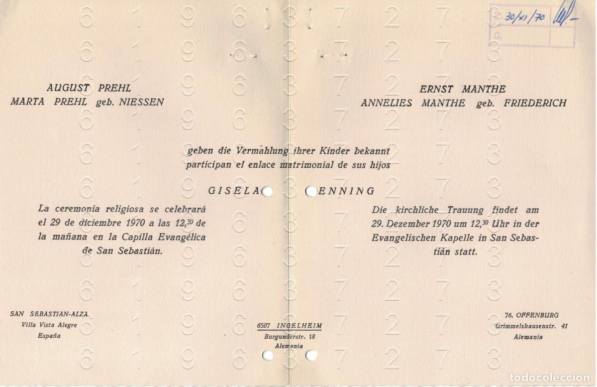 Otros art&iacute;culos de coleccionismo en papel: RENTERIA NIESSEN PPREHL INVITACION BODA GISELA 1970 M37