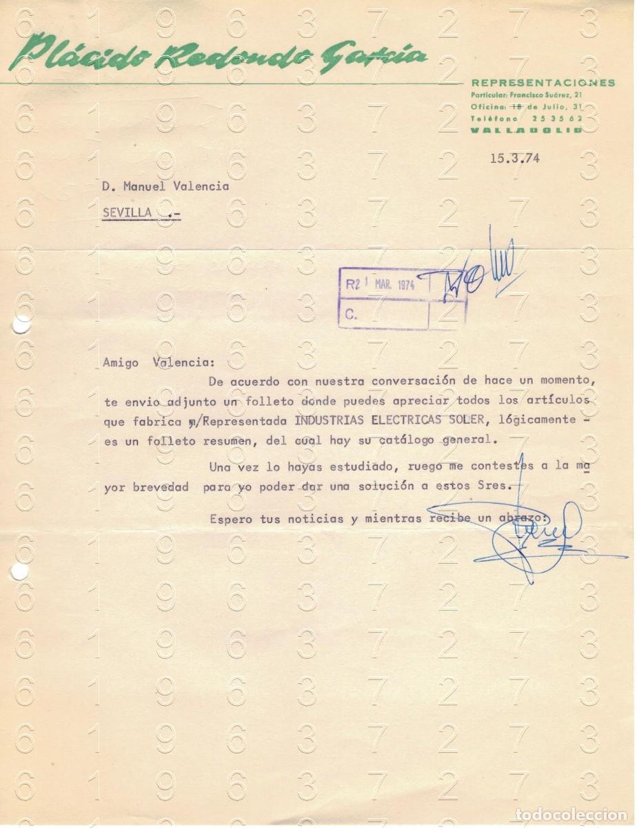 Otros art&iacute;culos de coleccionismo en papel: VALLADOLID PLACIDO REDONDO GARCIA CARTA 1974 M37