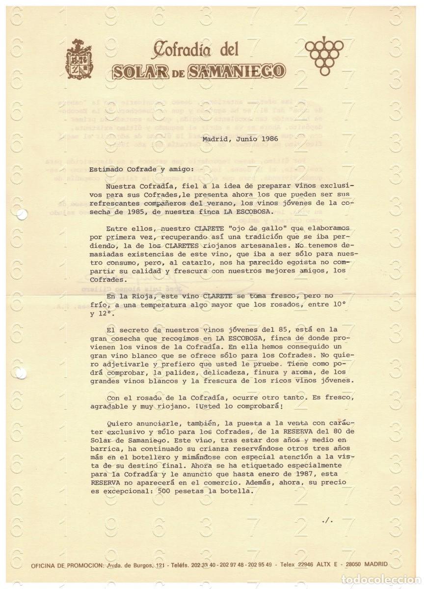 Otros art&iacute;culos de coleccionismo en papel: COFRADIA DEL SOLAR DE SAMANIEGO JOSE LUIS ALONSO CILLERO CARTA FIRMADA 1986 M37