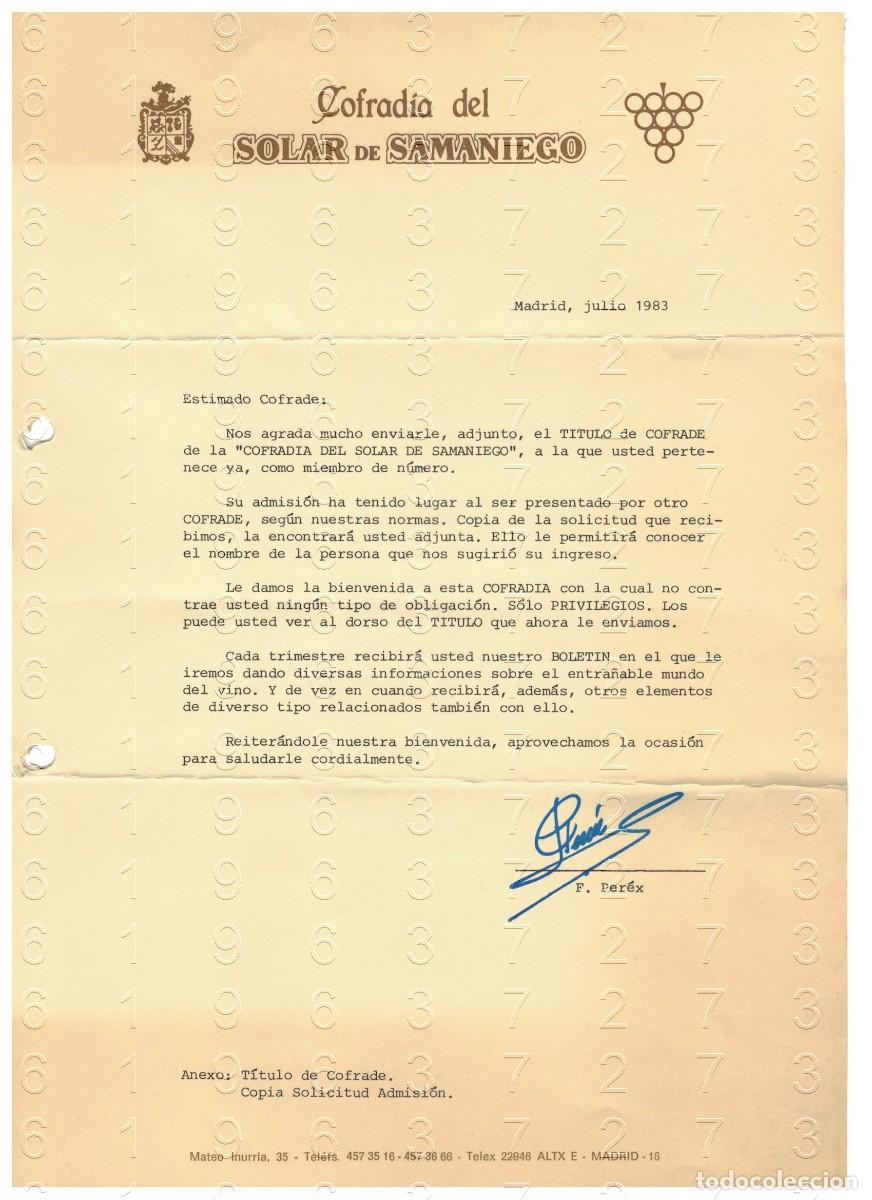 Otros art&iacute;culos de coleccionismo en papel: COFRADIA DEL SOLAR DE SAMANIEGO F PEREX CARTA FIRMADA 1983 M37