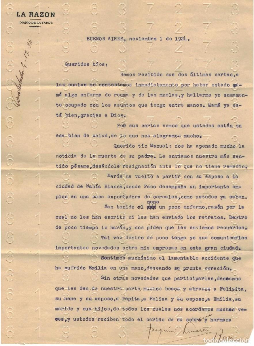 Otros art&iacute;culos de coleccionismo en papel: DIARIO DE LA TARDE LA RAZON BUENOS AIRES CARTA SEVILLA JOAQUIN LINARES 1924 M37