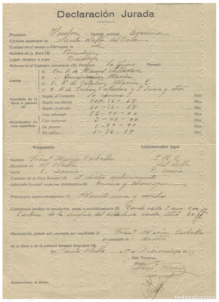 Otros art&iacute;culos de coleccionismo en papel: ARACENA SANTA OLALLA DEL CALA FINCA DECLARACION JURADA 1938 M37