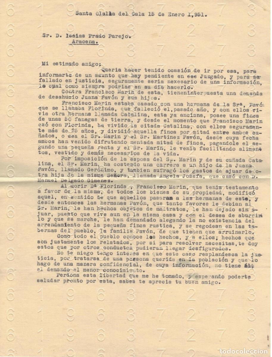 Otros art&iacute;culos de coleccionismo en papel: ARACENA SANTA OLALLA DEL CALA ISAIAS PRADO PAREJO CARTA 1951 M37