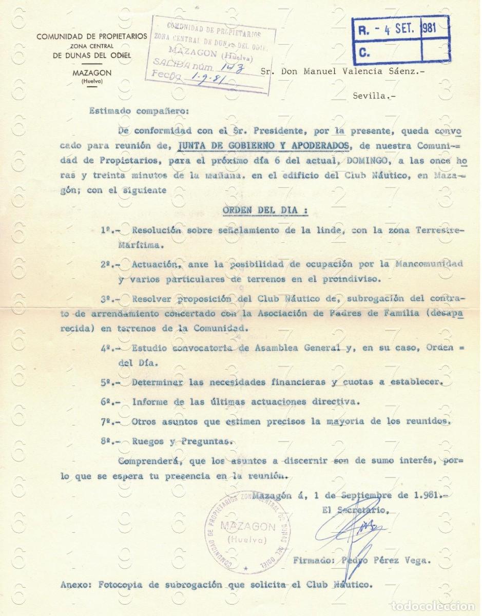 Otros art&iacute;culos de coleccionismo en papel: MAZAGON DUNAS DEL ODIEL PEDRO PEREZ VEGA CARTA 1981 M37
