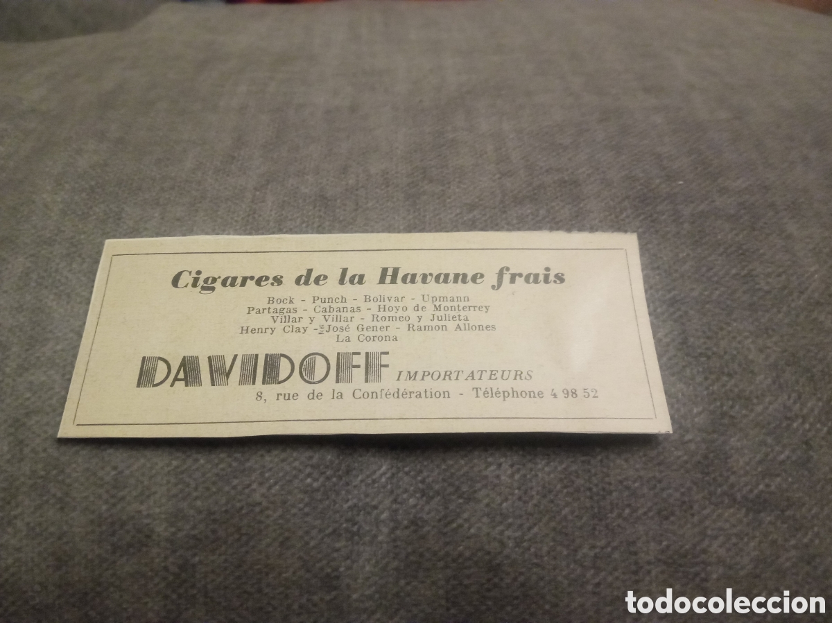 Otros art&iacute;culos de coleccionismo en papel: Antiguo recorte publicidad de puros Havanos Davidoff, mide 11,6x4,6cm