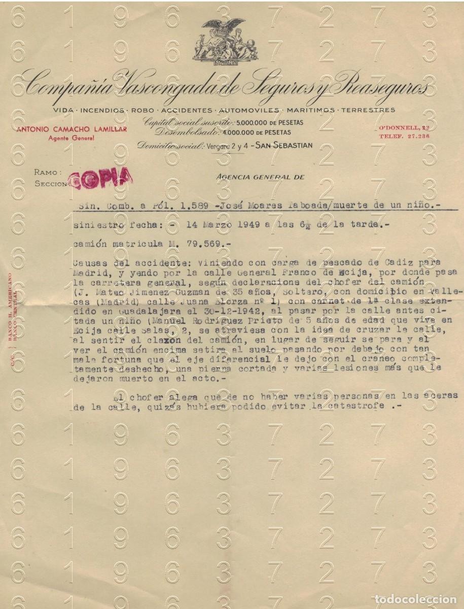 Paper Collecting Others: ECIJA SEVILLA ATROPELLO NI&Ntilde;O CAMION 1959 CARTA ASEGURADORA M38