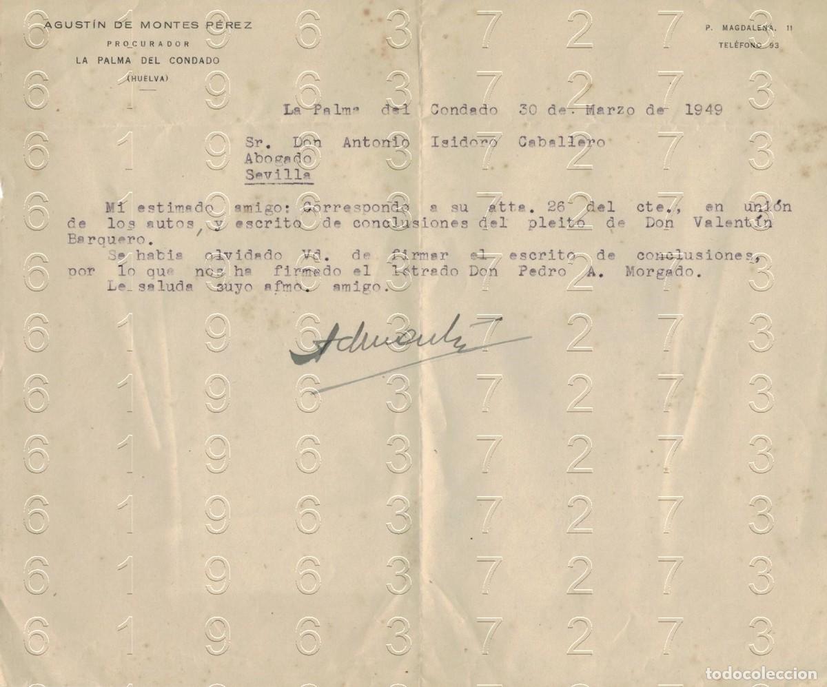 Otros art&iacute;culos de coleccionismo en papel: LA PALMA DEL CONDADO AGUSTIN DE MONTES PEREZ 1949 CARTA M38