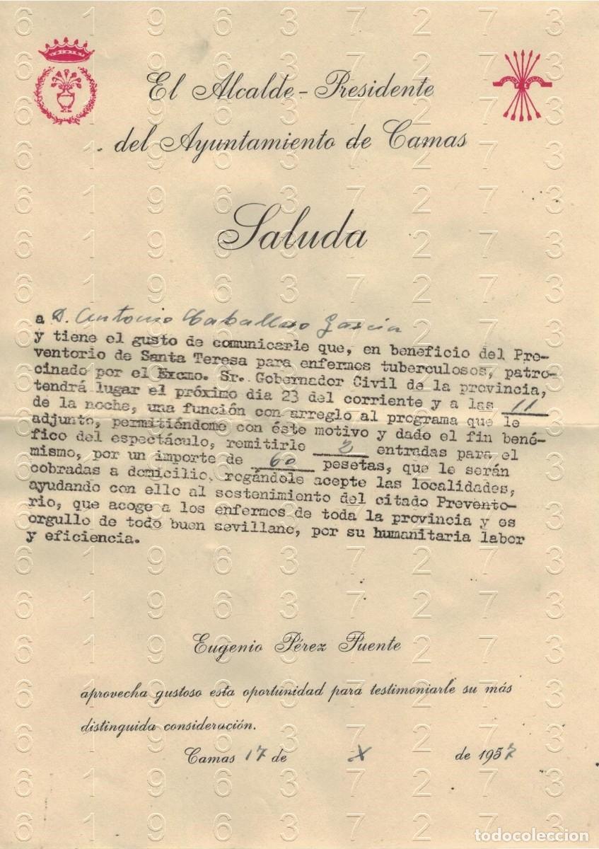 Otros art&iacute;culos de coleccionismo en papel: SEVILLA CAMAS ALCALDE EUGENIO PEREZ PUENTE CARTA 1957 M39