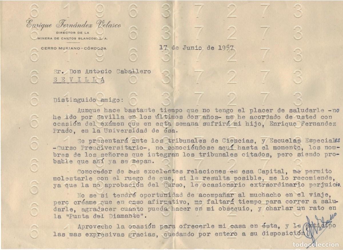 Otros art&iacute;culos de coleccionismo en papel: CERRO MURIANO CORDOBA ENRIQUE FERNANDEZ VELASCO 1957 CARTA M39