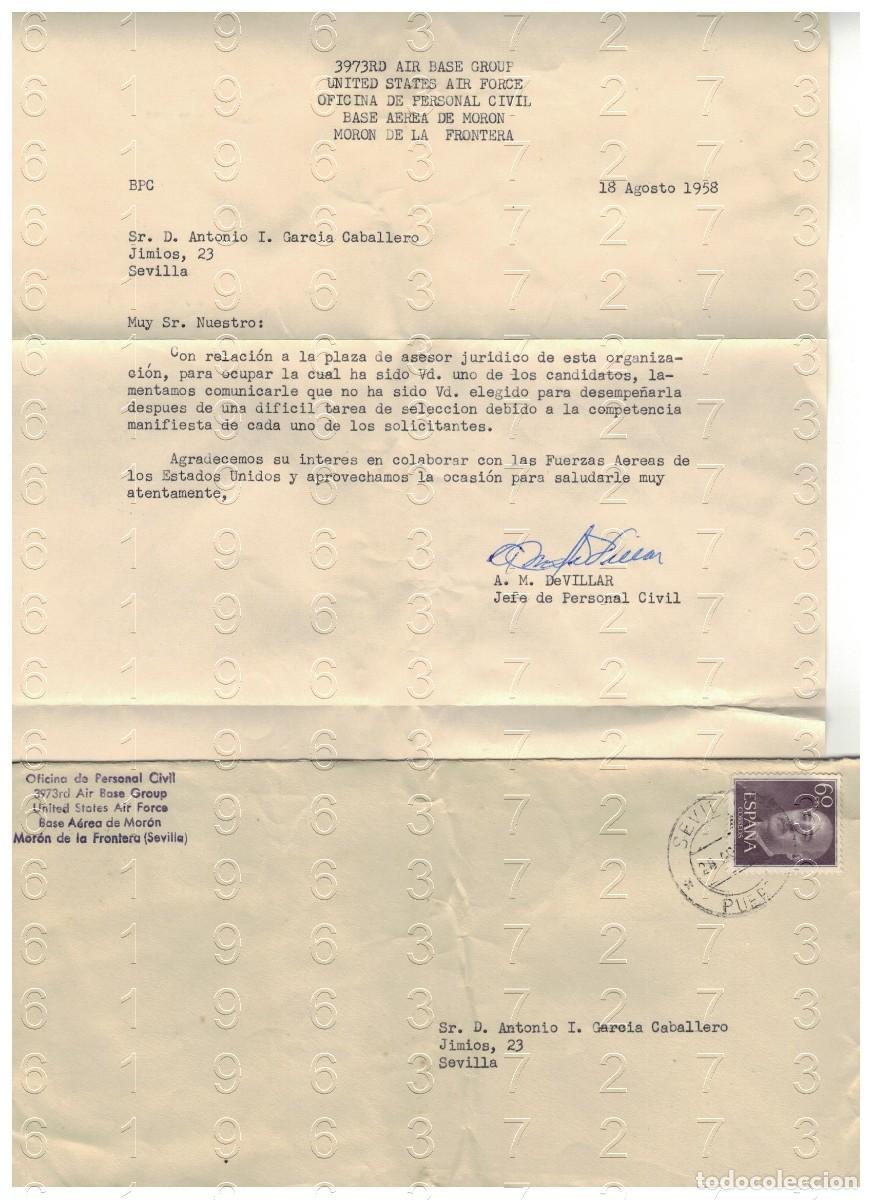 Otros art&iacute;culos de coleccionismo en papel: MORON DE LA FRONTERA BASE AEREA CARTA 1958 A M DE VILLAR M39