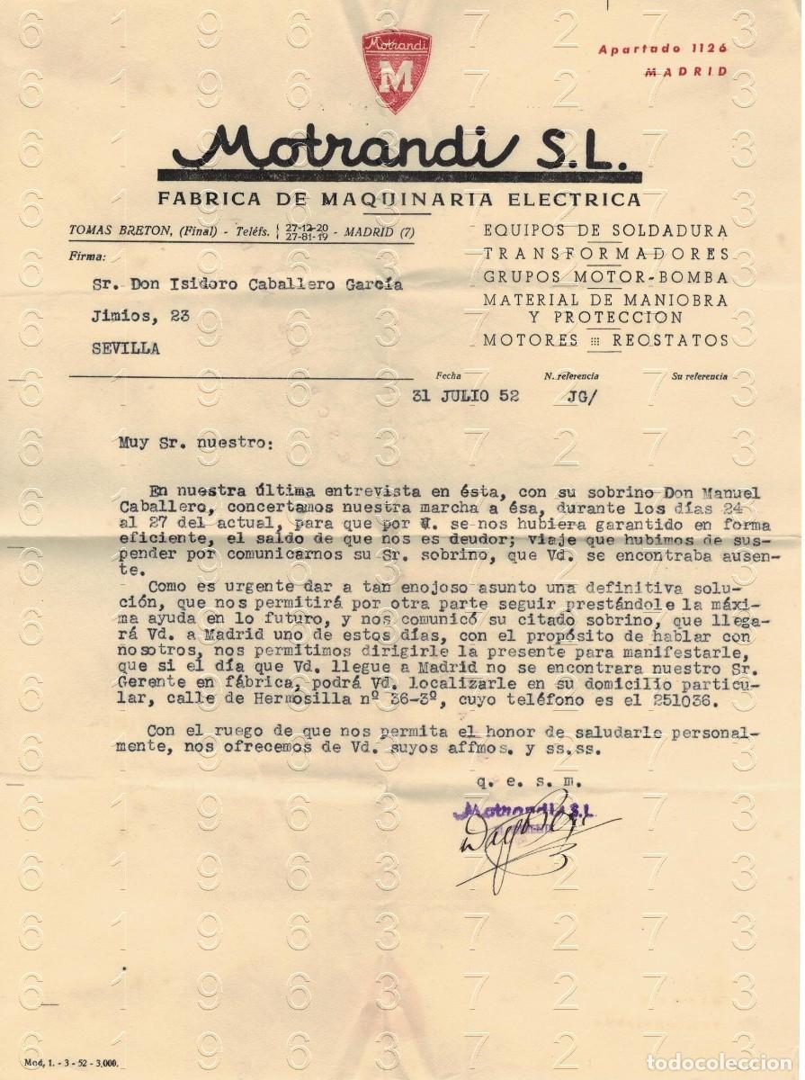 Otros art&iacute;culos de coleccionismo en papel: MADRID MOTRANDI MAQUINARIA ELECTRICA CARTA 1952 M40