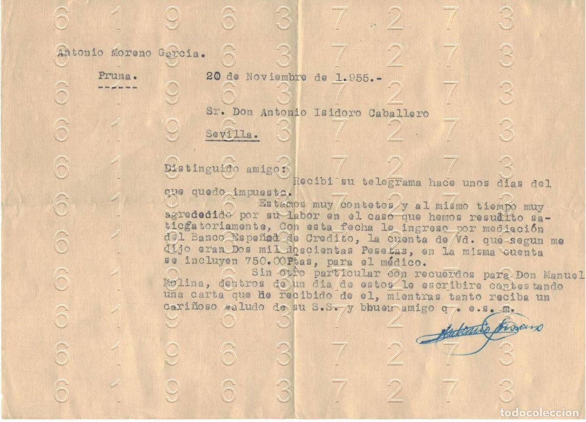 Otros art&iacute;culos de coleccionismo en papel: PRUNA SEVILLA ANTONIO MORENO GARCIA 1955 CARTA M40
