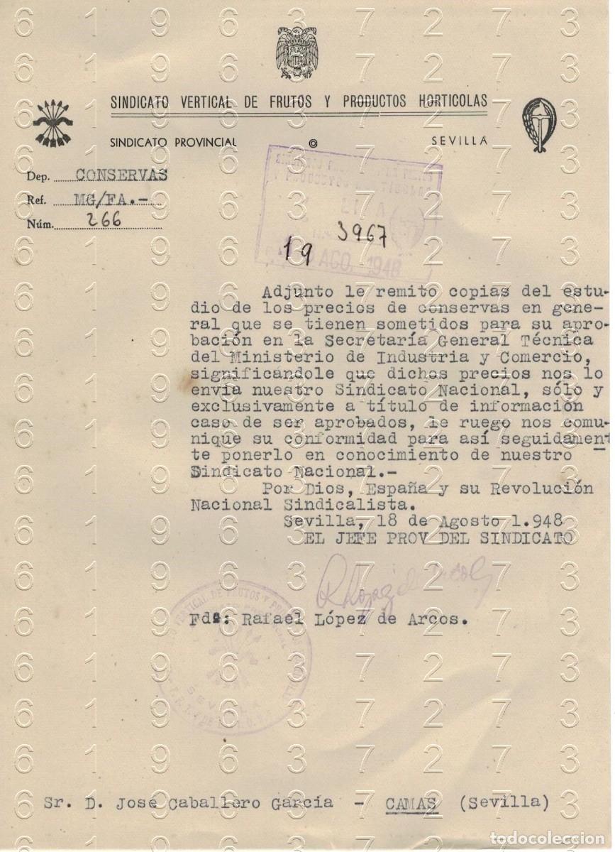 Otros art&iacute;culos de coleccionismo en papel: SEVILLA CAMAS SINDICATO VERTICAL FRUTOS Y PRODUCTOS HORTICOLAS 1948 CARTA M40