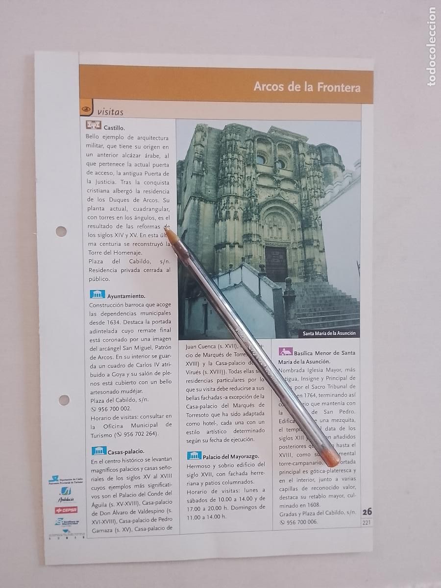 Otros art&iacute;culos de coleccionismo en papel: ficha tecnica coleccionable sobre cadiz - arcos de la frontera con fotos