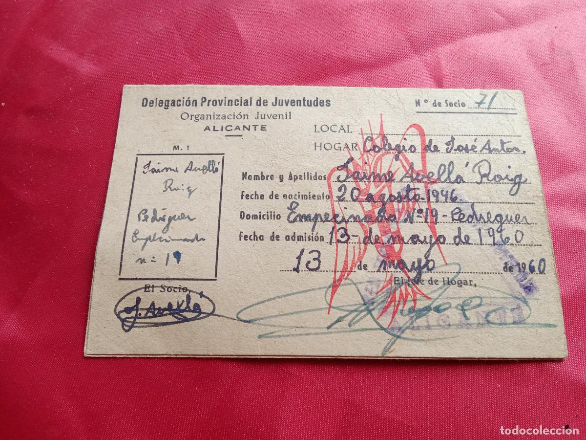Otros art&iacute;culos de coleccionismo en papel: Antiguo carnet delegacion provincial de juventudes Alicante, orga. juvenil mayo 1960. Vitrina 1