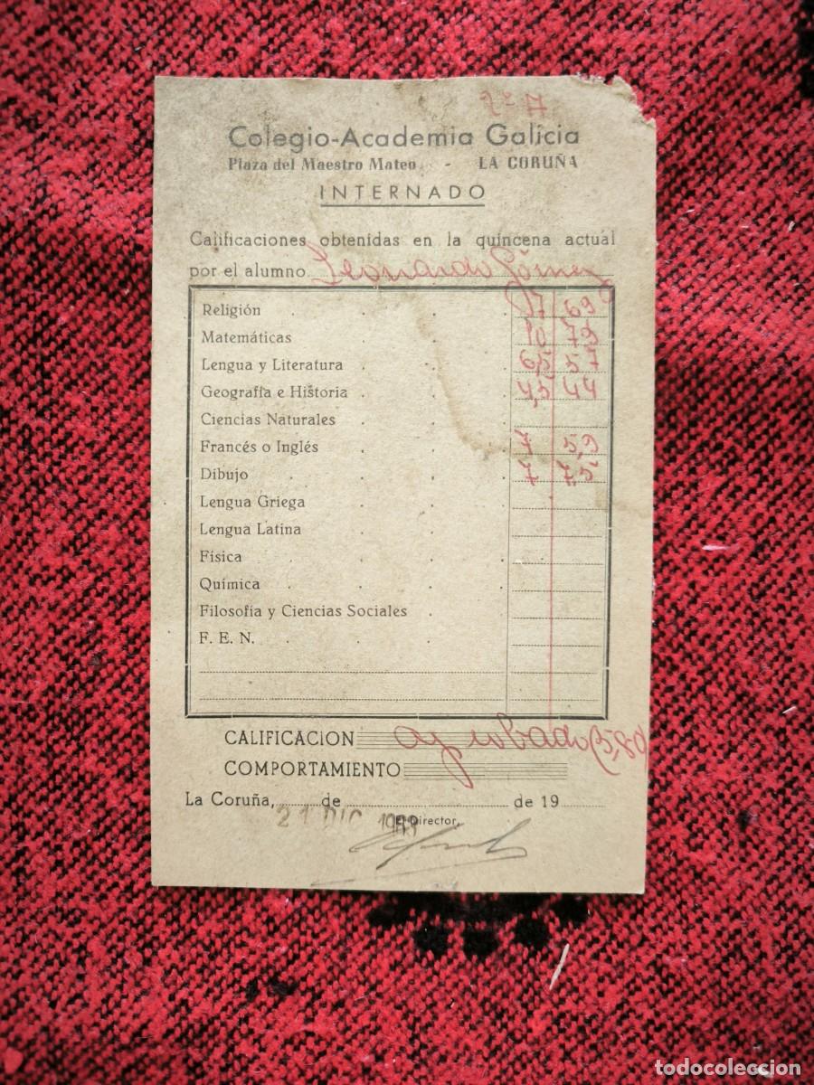 Otros art&iacute;culos de coleccionismo en papel: Antiguo Bolet&iacute;n de Calificaciones Colegio Academia Galicia La Coru&ntilde;a Internado A&ntilde;os 50-60