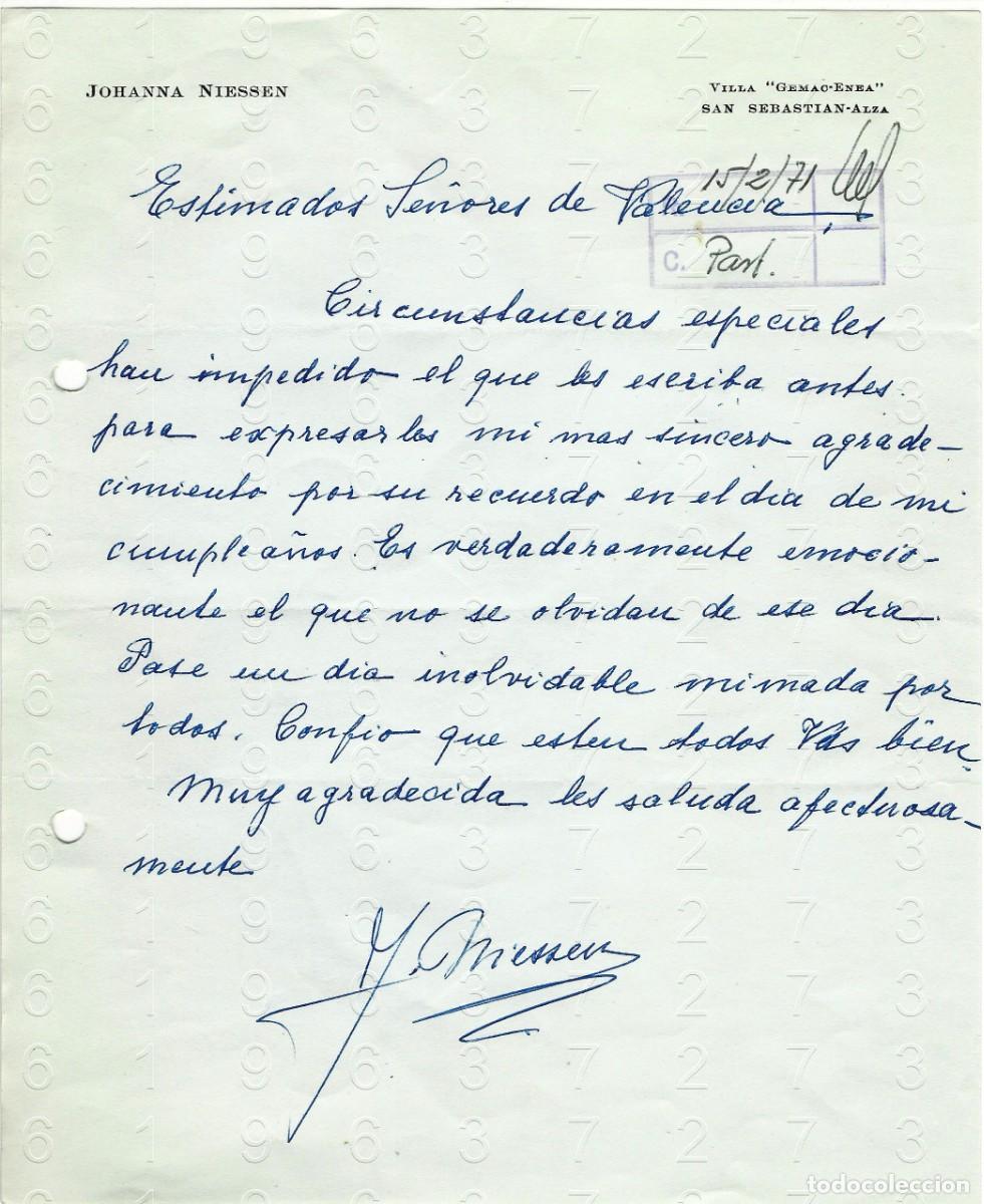 Otros art&iacute;culos de coleccionismo en papel: RENTERIA JOHANNA NIESSEN CARTA FIRMADA 1971 M37