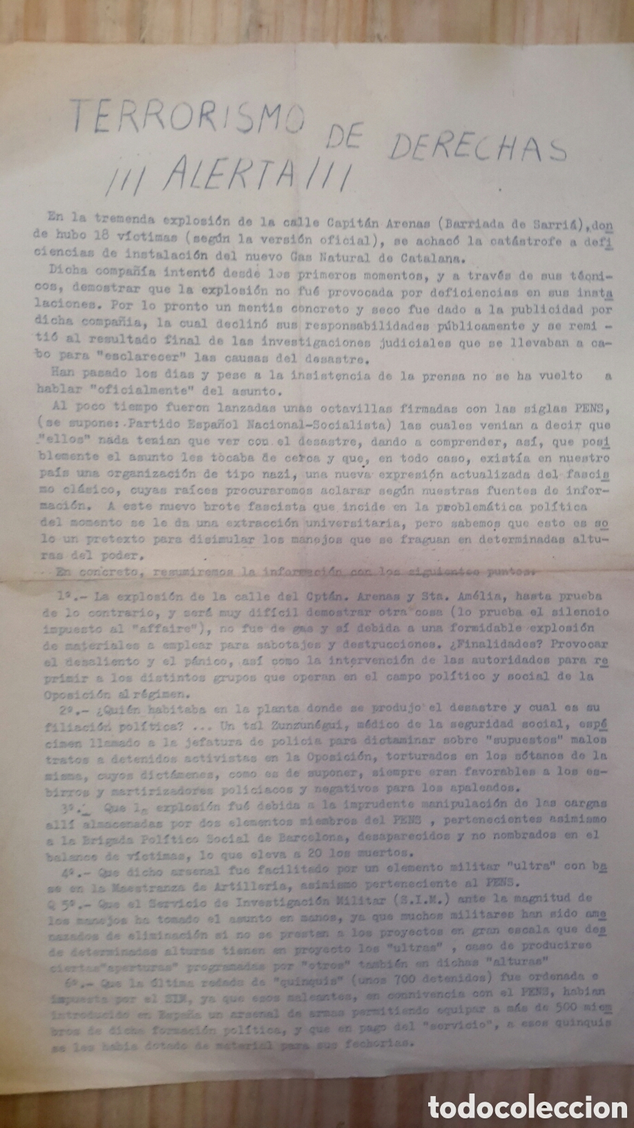 Otros art&iacute;culos de coleccionismo en papel: Explosi&oacute;n de la calle Capit&aacute;n Arenas, 1972. Folleto pol&iacute;tico.