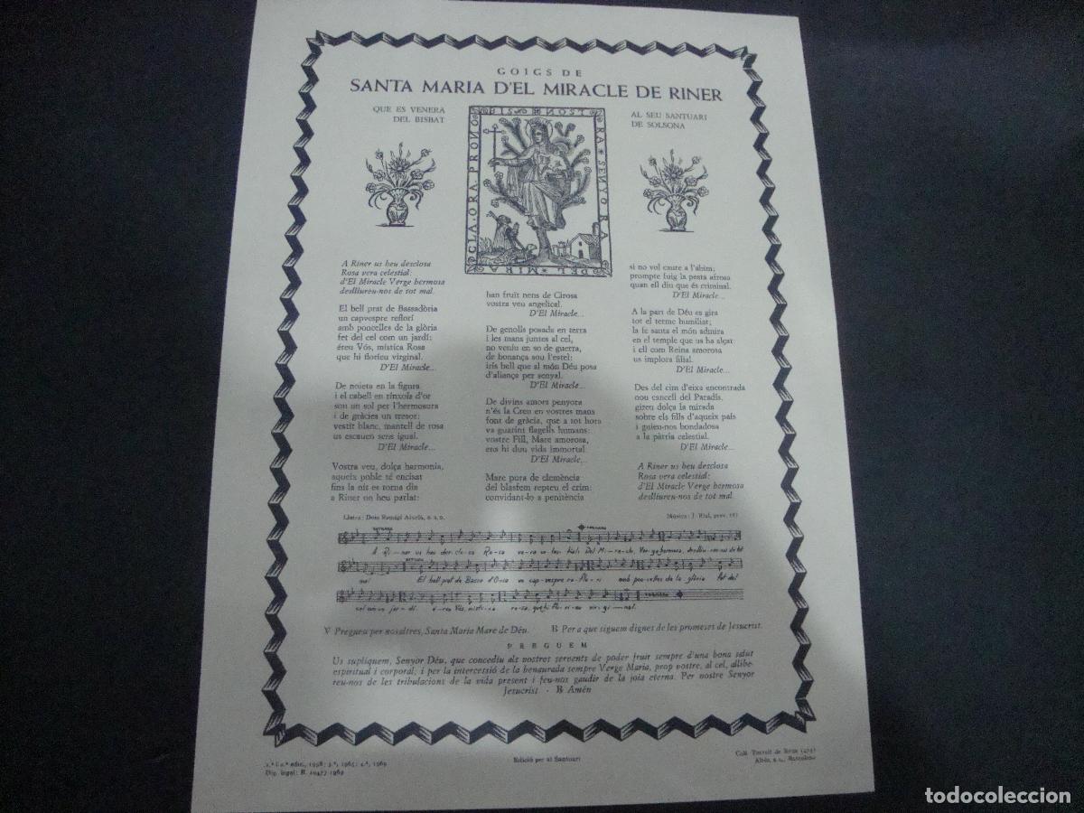 Otros art&iacute;culos de coleccionismo en papel: GOIGS DE SANTA MARIA D'EL MIRACLE DE RINER VENERA SANTUARI BISBAT SOLSONA