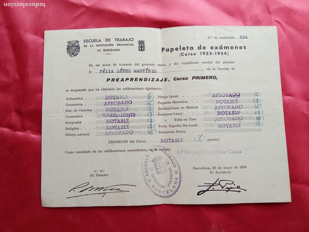 Otros art&iacute;culos de coleccionismo en papel: Papeleta de ex&aacute;menes 1953-1954, escuela de trabajo Papel.42