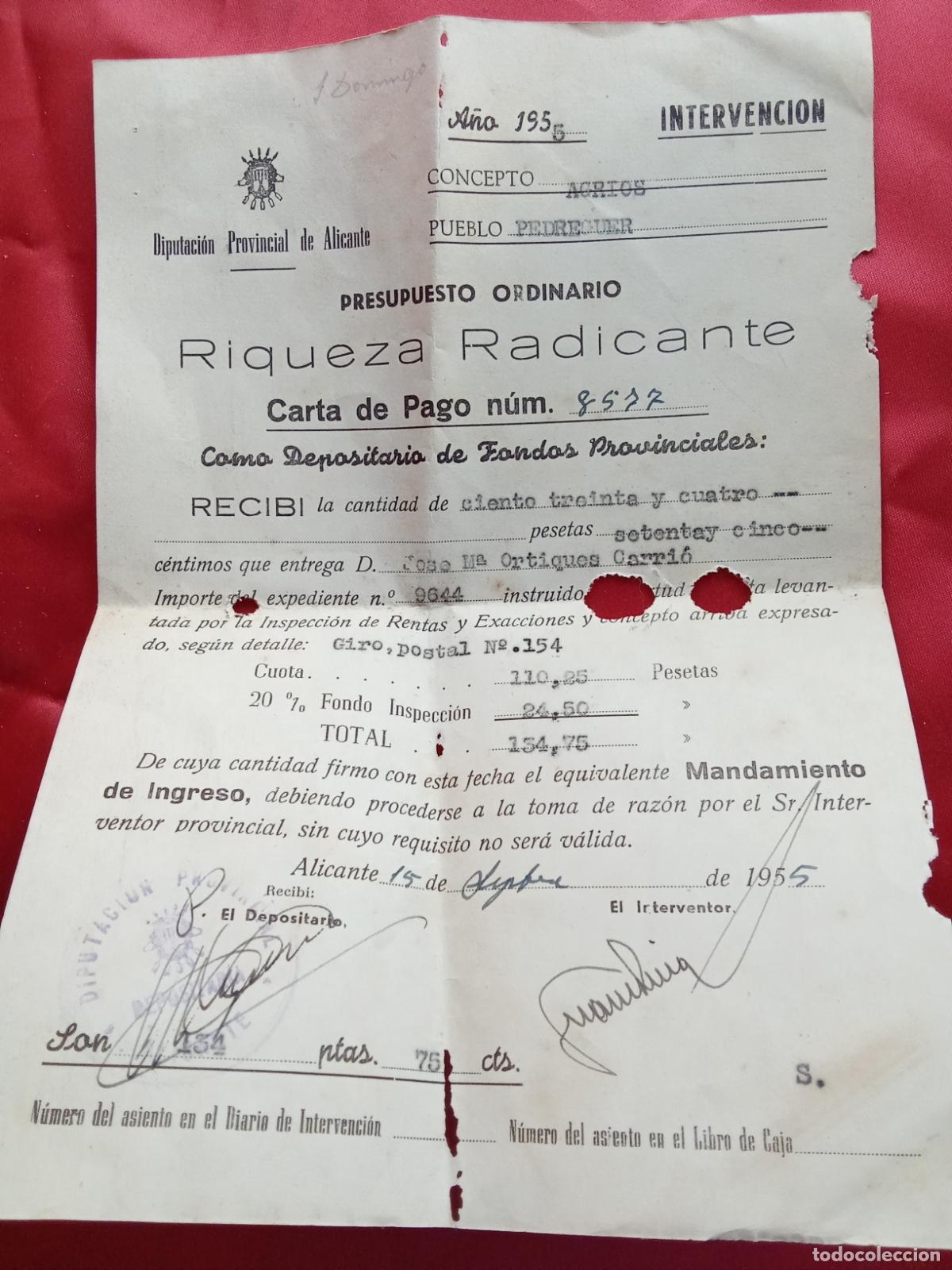 Otros art&iacute;culos de coleccionismo en papel: Riqueza Radicante, carta de pago 1955 Papel.42