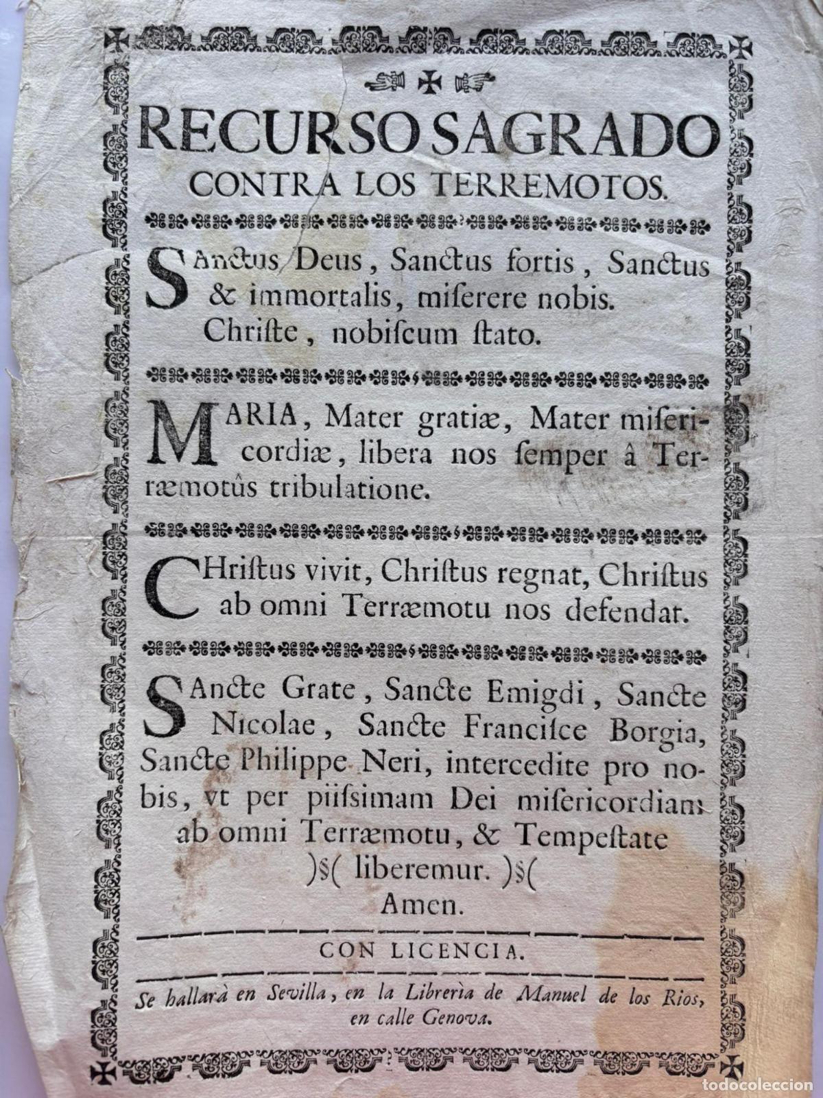 Otros art&iacute;culos de coleccionismo en papel: Recurso sagrado contra los terremotos [Sevilla] -