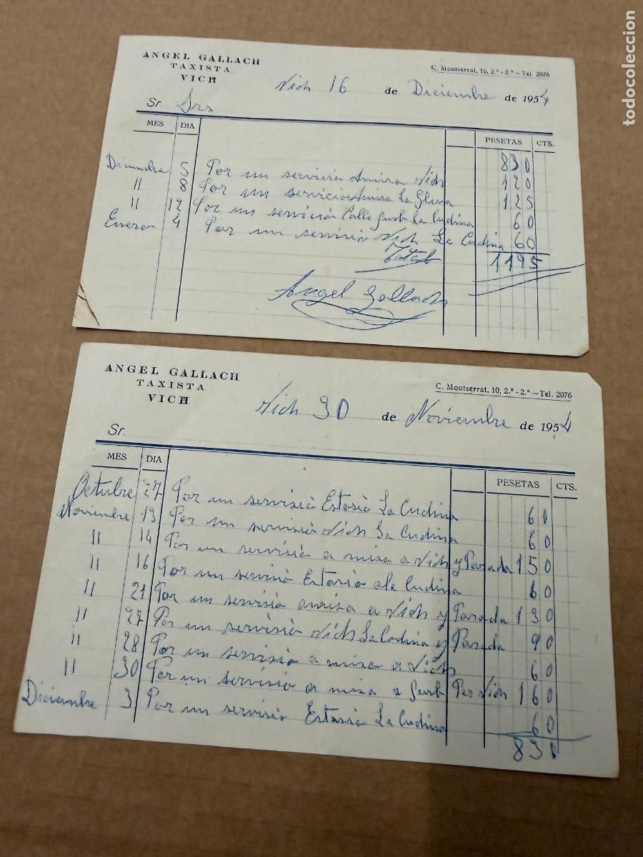 Otros art&iacute;culos de coleccionismo en papel: Abtiguos recibos Taxista Gallach a&ntilde;o 1954 Vich. Barcelona