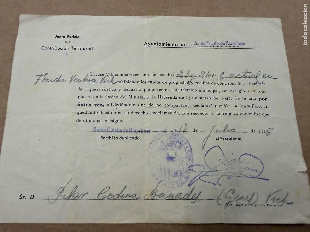 Otros art&iacute;culos de coleccionismo en papel: Antiguo documento Contribucion. sta Eulalia de Riuprimer. Vich 1945. 21x16cms