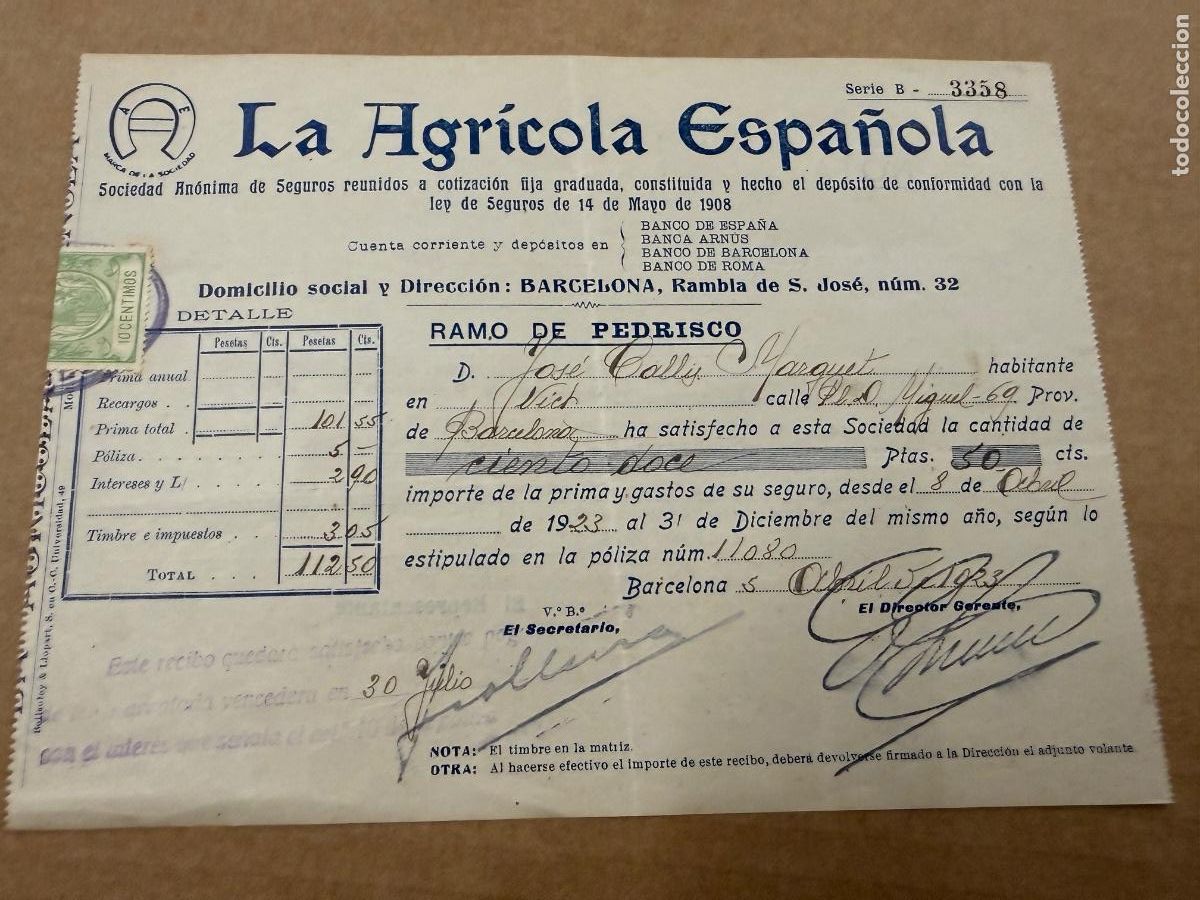Otros art&iacute;culos de coleccionismo en papel: Antiguo recibo Seguro Pedrisco. 1923. Barcelona. 21x16cms