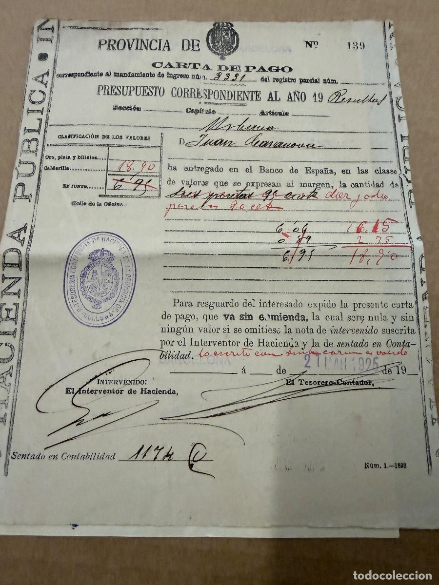 Otros art&iacute;culos de coleccionismo en papel: Antigua Carta de pago. Contribucion 1925. Gurb. Vich. Barcelona. Tama&ntilde;o cuartilla