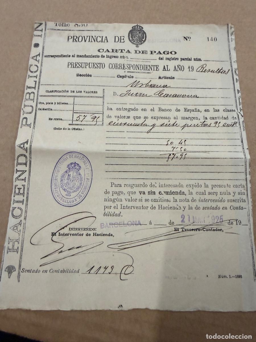 Otros art&iacute;culos de coleccionismo en papel: Antigua Carta de pago. Contribucion 1925. Gurb. Vich. Barcelona. Tama&ntilde;o cuartilla