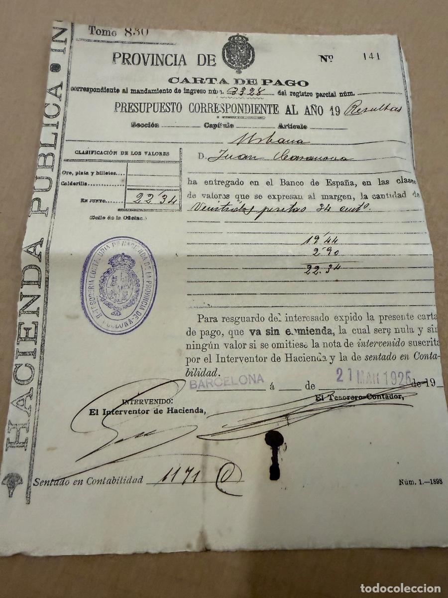 Otros art&iacute;culos de coleccionismo en papel: Antigua Carta de pago. Contribucion 1925. Gurb. Vich. Barcelona. Tama&ntilde;o cuartilla