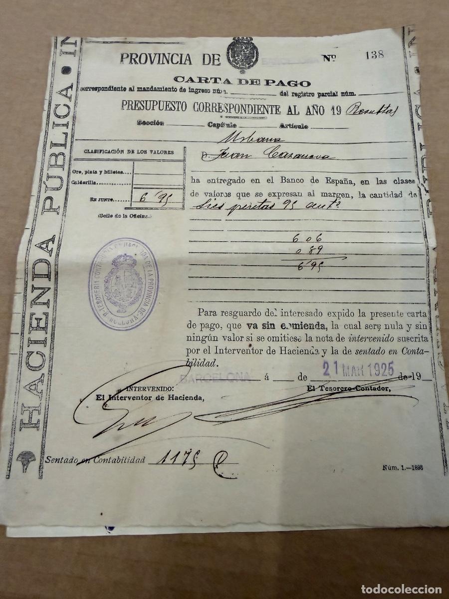 Otros art&iacute;culos de coleccionismo en papel: Antigua Carta de pago. Contribucion 1925. Gurb. Vich. Barcelona. Tama&ntilde;o cuartilla