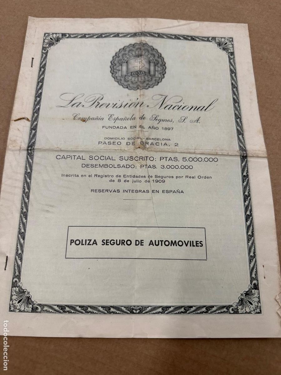 Otros art&iacute;culos de coleccionismo en papel: Antigua poliza seguro automobil HORCE. A&ntilde;o 1960. Gurb. Barcelona. Raro coche. Folio. 8pgs