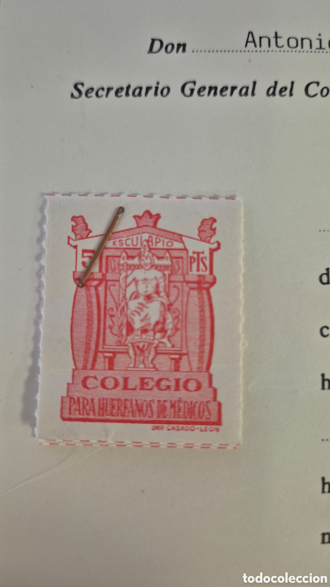 Otros art&iacute;culos de coleccionismo en papel: Vi&ntilde;eta Sello Fiscal 5 Pesetas - Colegio de Hu&eacute;rfanos de M&eacute;dicos (&Eacute;poca Franco / Certificado M&eacute;dico)